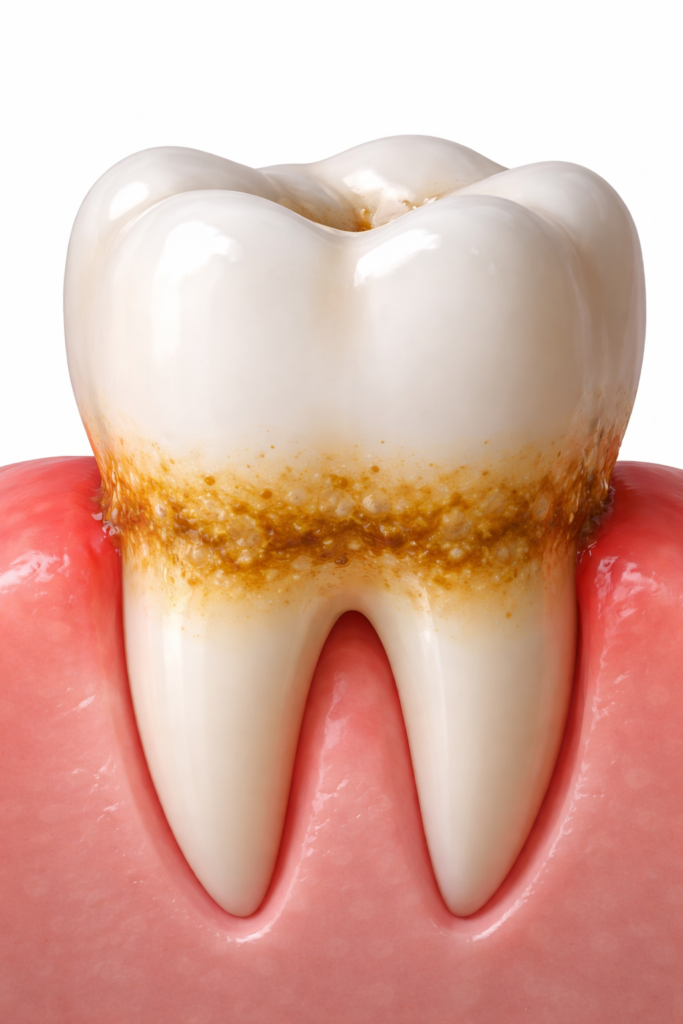 Dental plaque buildup along the gum line causing gum irritation and early gum disease