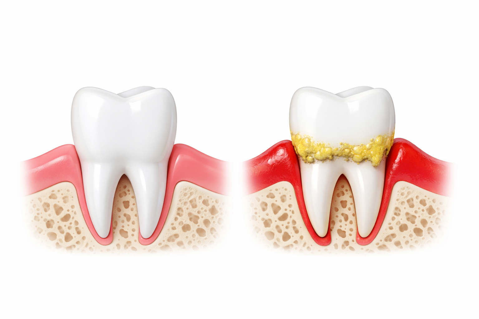 Illustration showing healthy gums compared to inflamed gums that may bleed while brushing