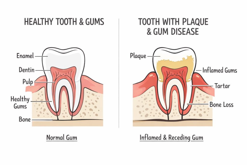 omparison of healthy gums and a tooth with plaque, tartar buildup, inflamed gums, and bone loss
