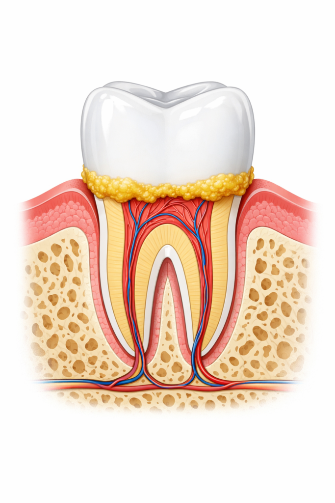 Plaque buildup along the gum line causing gum inflammation